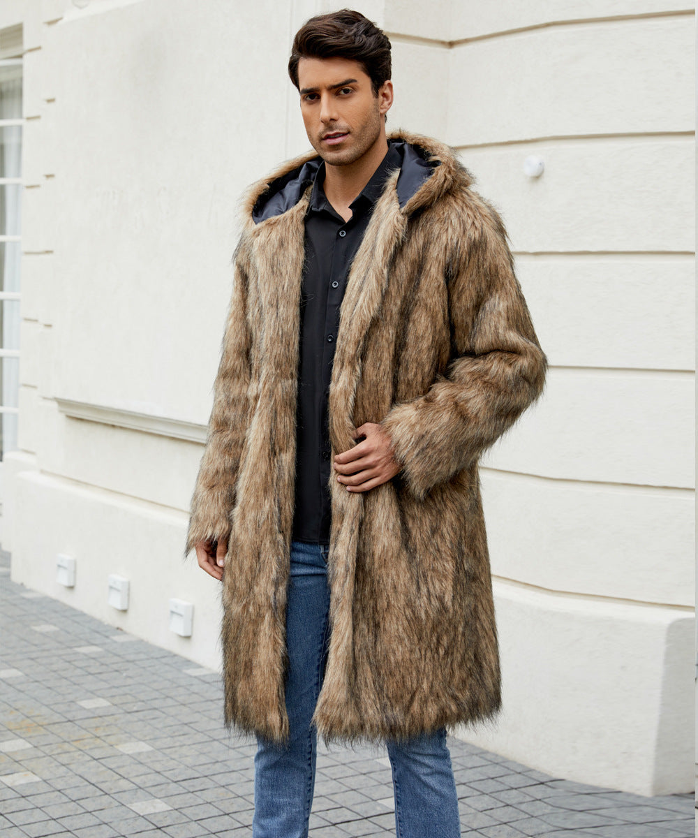 Herren Luxuriöser Kunstfellmantel mit Kapuze R&B