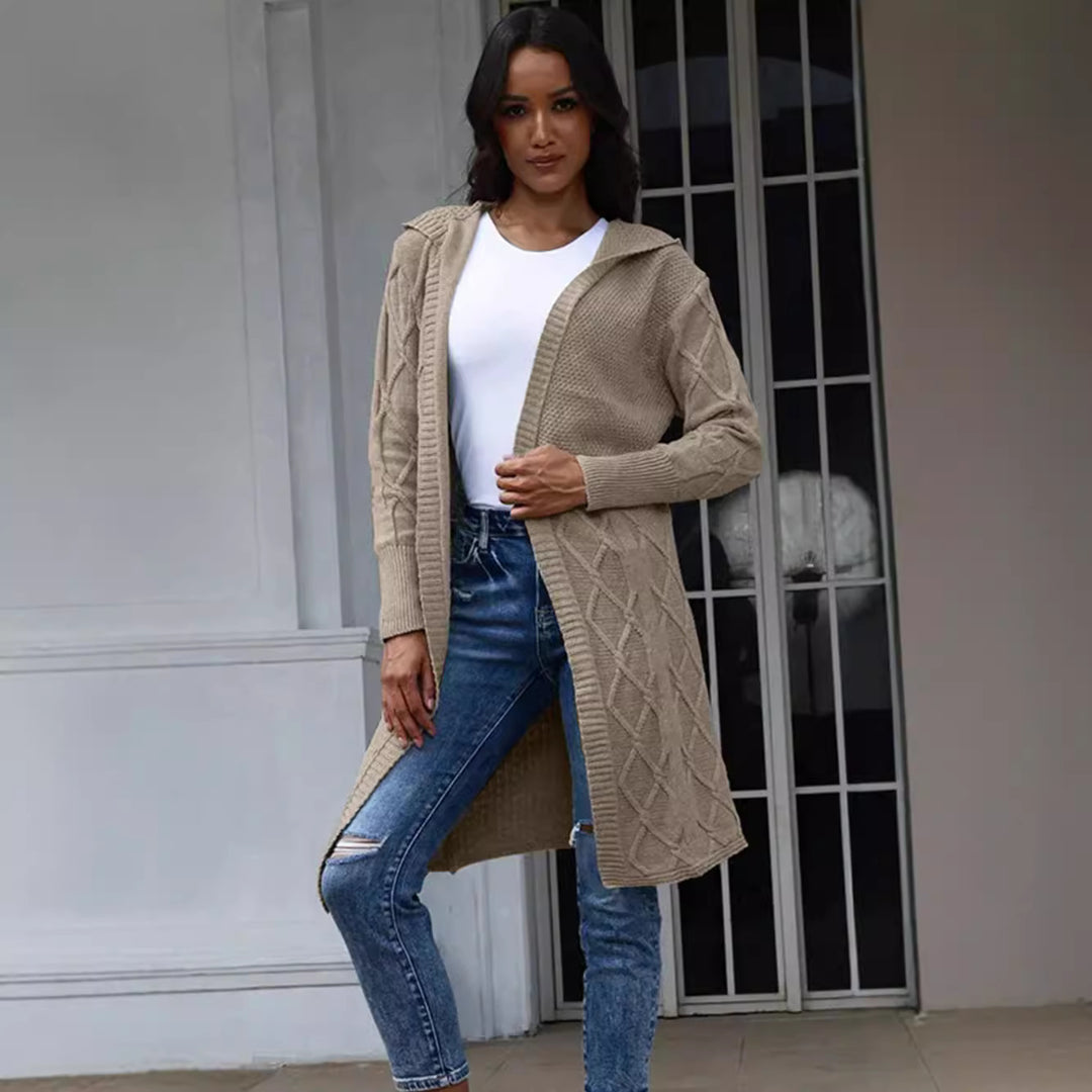 Damen Strickmantel mit Kapuze und dekorativem Zopfdesign R&B