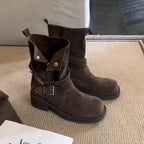 Damen Leder Stiefeletten mit dekorativem Riemen und robustem Blockabsatz