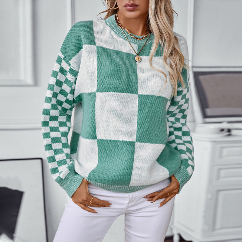 Damen modischer Pullover mit Karomuster und lässigem Schnitt