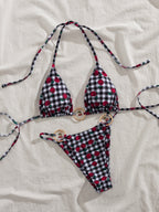 Damen Triangel-Bikini mit verspieltem Karomuster und fruchtiger Applikation R&B
