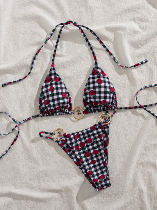 Damen Triangel-Bikini mit verspieltem Karomuster und fruchtiger Applikation R&B