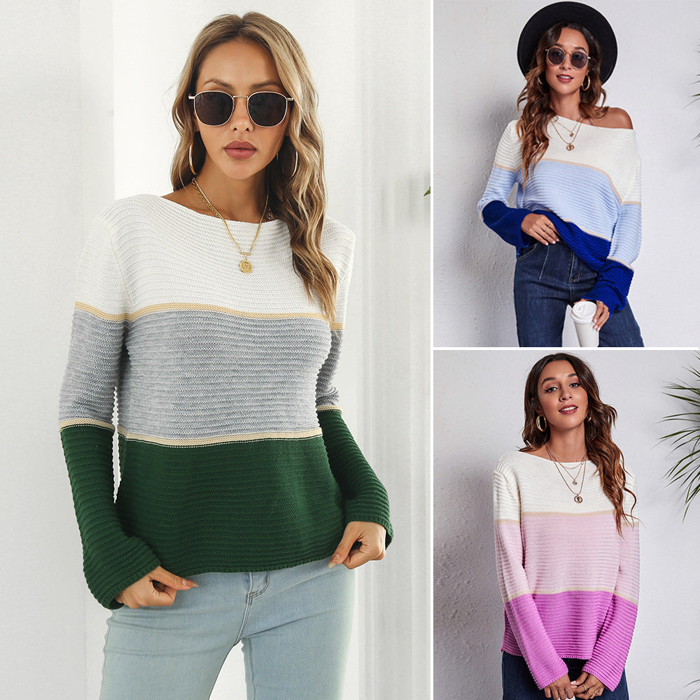 Damen Off-Shoulder Strickpullover mit modernen Farbblock-Design R&B