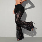 Damen nan hochgeschnittene Spitzen-Schlaghose mit blickdichter Innenshort und floralen Transparenzeinsätzen R&B
