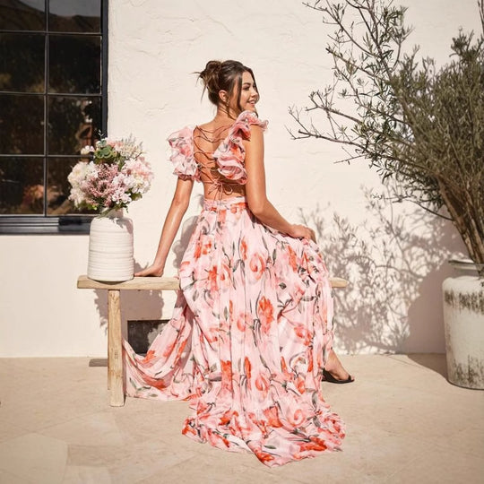 Damen Maxi-Kleid mit floralen Rüschen und schwingendem Design R&B