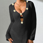 Damen lässiges Strandkleid mit dekorativem V-Ausschnitt und Blumenapplikationen R&B