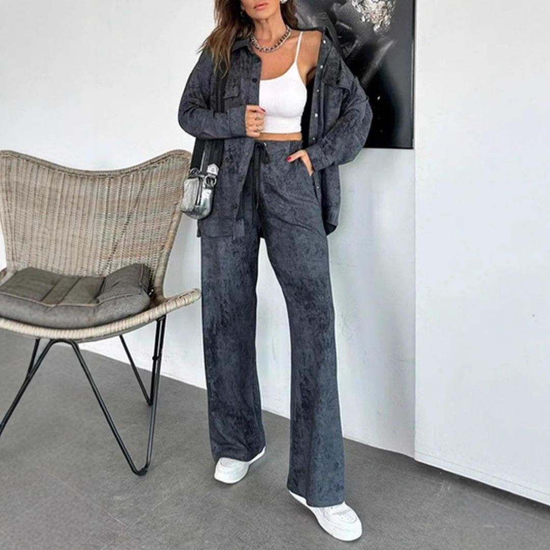 Damen Lässiges Blusen- und Hosen-Set aus weichem Material mit besonderen Texturen R&B