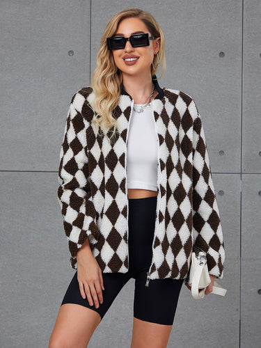 Damen Flauschige Steppjacke mit modernem Karomuster und praktischen Taschen R&B