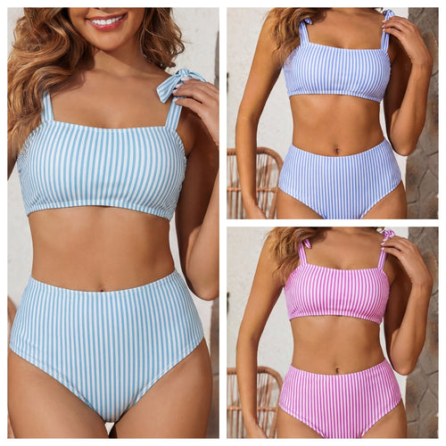 Damen Hochtailliertes Bikini-Set mit verspieltem Streifenmuster R&B