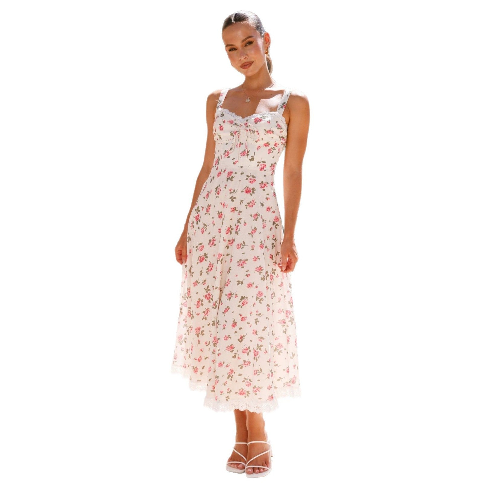Damen Midi-Langarmkleid mit romantischem Spitzenbesatz R&B