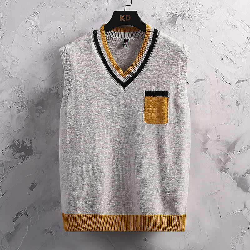 Herren ärmellose Strickjacke mit V-Ausschnitt und Farbblockdesign R&B