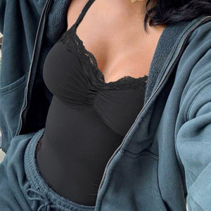 Damen Spitzentop mit breiten Trägern und gerafftem Bustier R&B