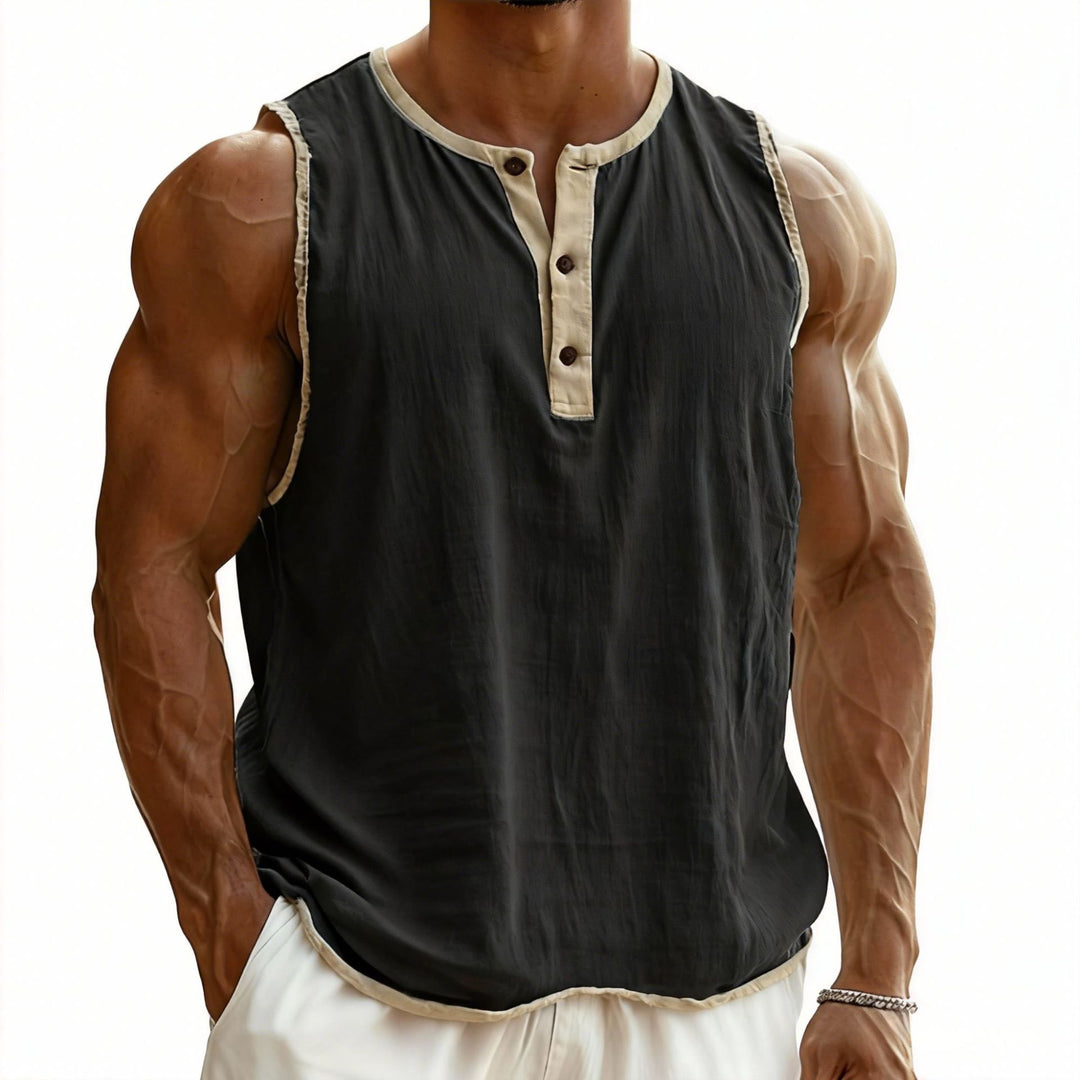Herren nan ärmelloses Henley-Muskelshirt mit Knopfleiste und kontrastierter Einfassung R&B
