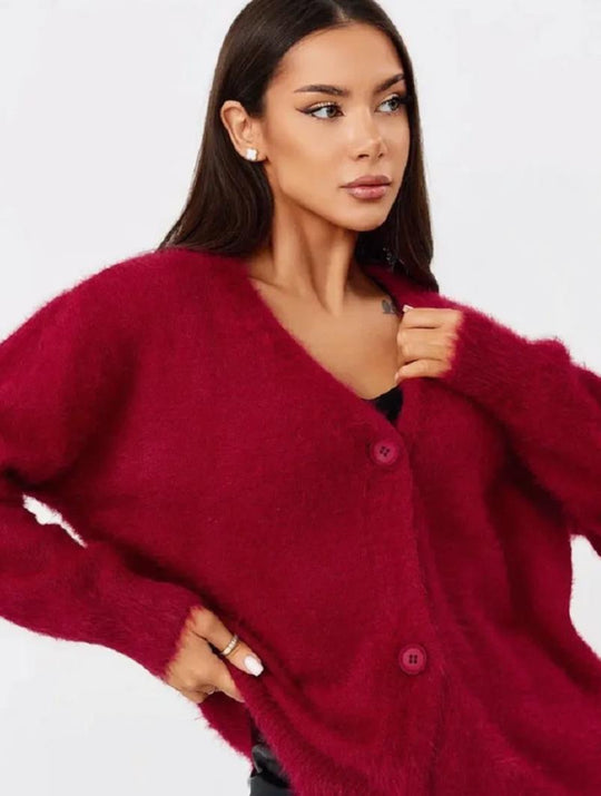 Damen kuschelige Strickjacke mit weichem Mohair-Mix und eleganter Knopfleiste R&B