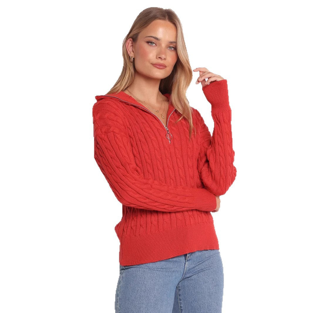Damen Strickpullover mit elegantem Kabelmuster und modischem Stehkragen R&B