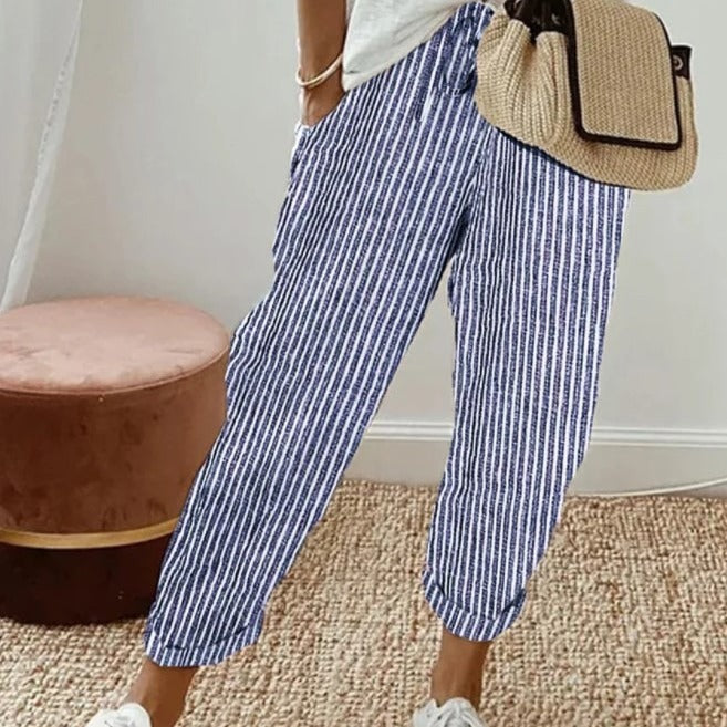 Damen lässige Streifenhose mit elastischem Bund und praktischen Eingrifftaschen R&B