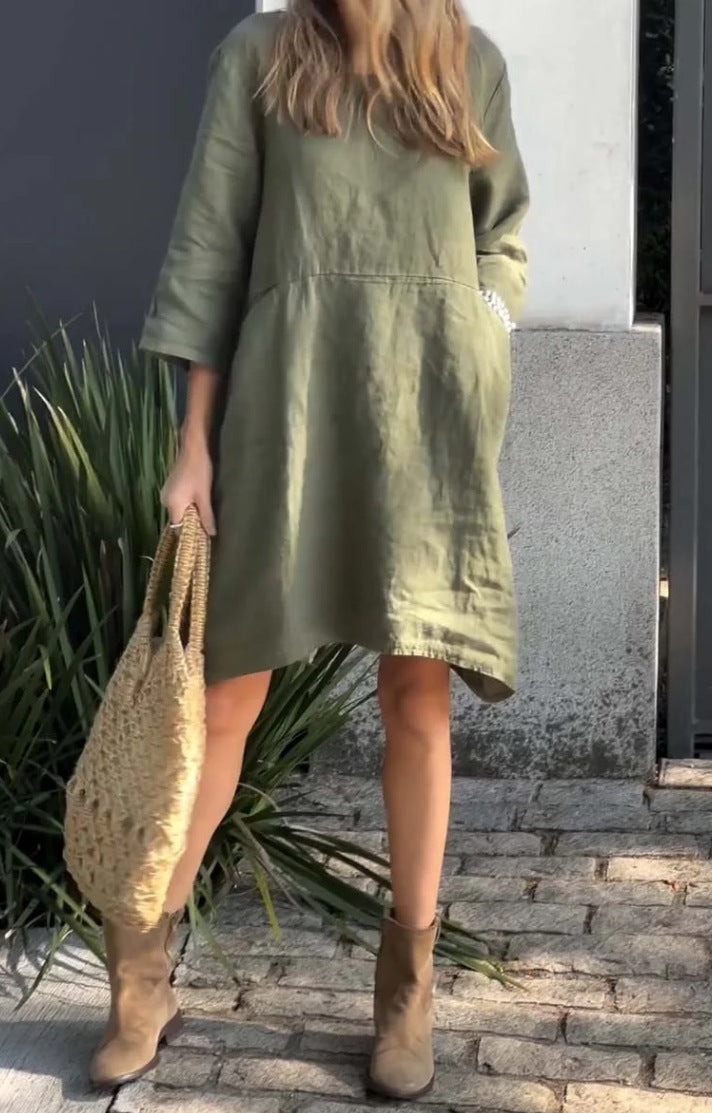 Damen lässiges Leinenkleid mit praktischen Taschen und asymmetrischem Saum R&B