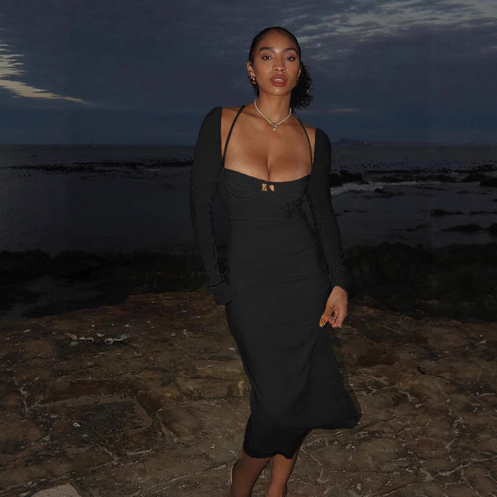 Damen figurbetontes Elegantes Kleid mit langen Ärmeln und raffiniertem Ausschnitt R&B