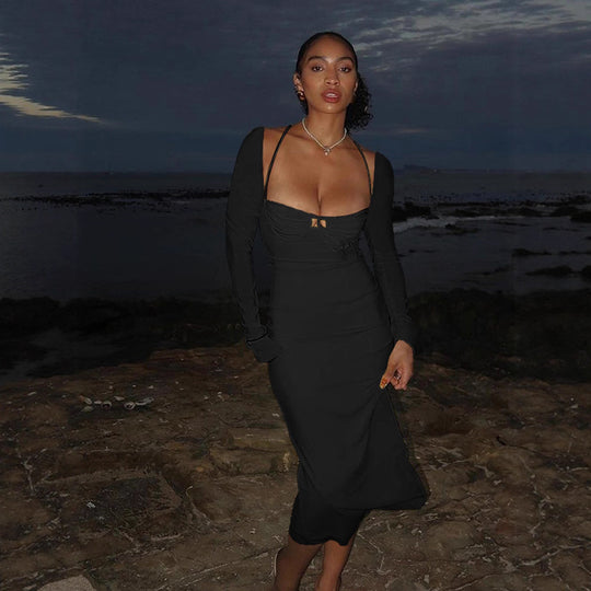 Damen figurbetontes Elegantes Kleid mit langen Ärmeln und raffiniertem Ausschnitt R&B