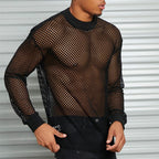 Herren nan transparentes Netz-Langarmshirt mit Rundhals und gerippten Bündchen R&B