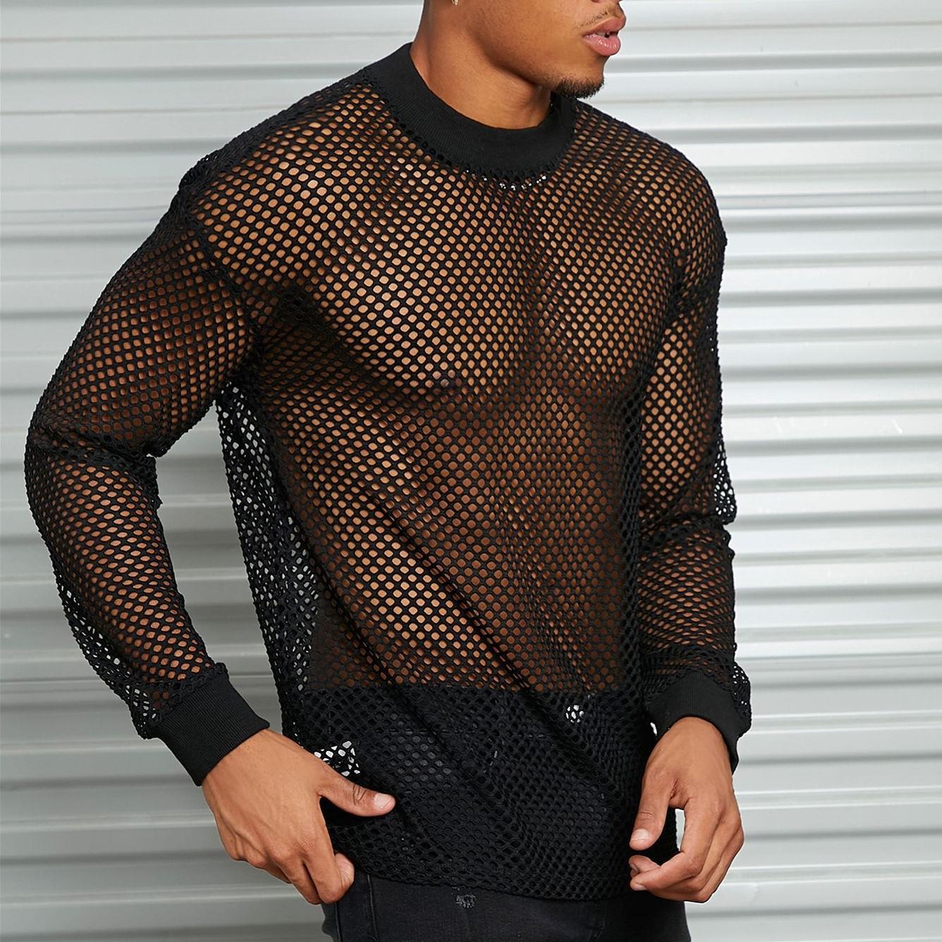 Herren nan transparentes Netz-Langarmshirt mit Rundhals und gerippten Bündchen R&B
