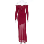 Damen figurbetontes Maxikleid mit Off-Shoulder Design und transparentem Rock R&B