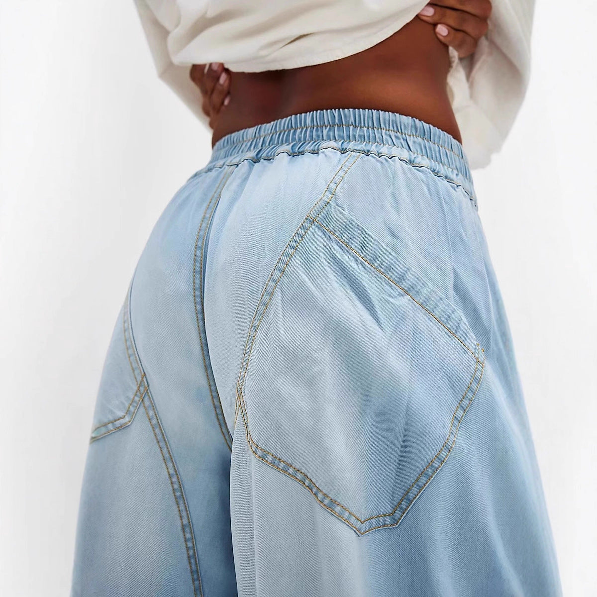 Damen Weite Denim-Hose mit elastischem Bund und Taschen