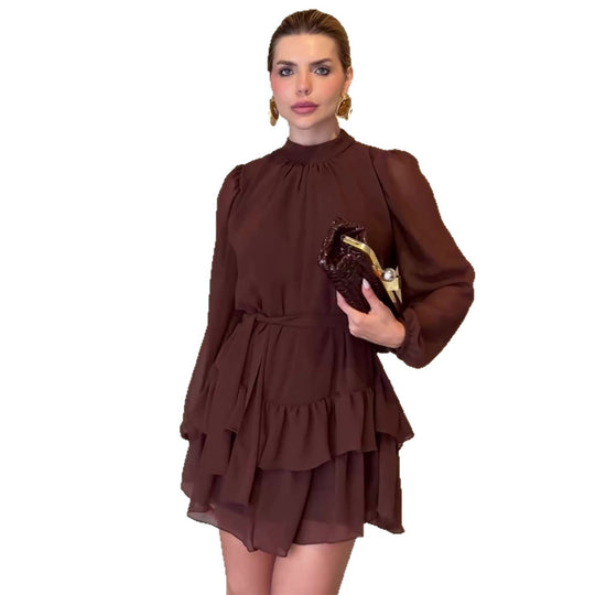 Damen Fließendes Mini-Kleid mit Rüschenvolants und elastischem Taillengürtel R&B
