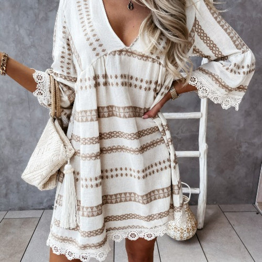 Damen Bohemian-Stil Schlagärmel Mini Kleid R&B