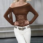 Damen transparente Spitzenbluse mit asymmetrischem Schnitt R&B