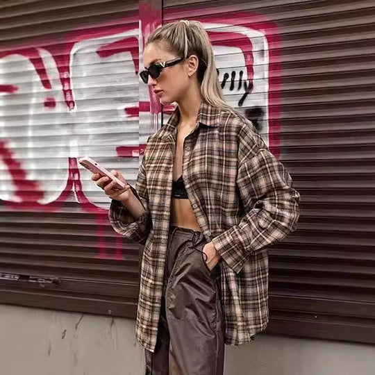 Damen Kariertes Overshirt im lässigen Schnitt mit übergroßen Ärmeln R&B