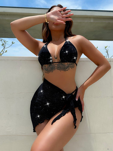 Damen Glamouröser Bade-Bikini mit glitzerndem Oberteil und verspieltem Wickelrock R&B