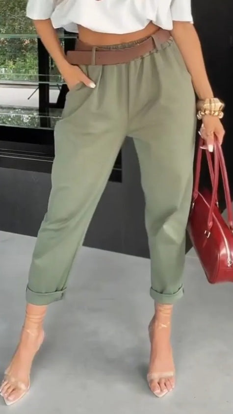 Damen nan hochtaillierte Paperbag-Hose mit gerafftem Bund, Eingrifftaschen und gekrempeltem Saum R&B