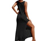 Damen luftiges Häkel-Strandkleid mit elegantem V-Ausschnitt und hohem Schlitz R&B