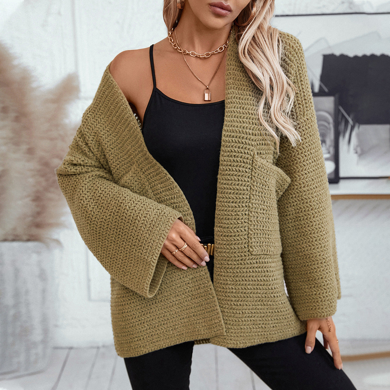 Damen luftige Strickjacke mit großen Taschen und offenen Ärmeln