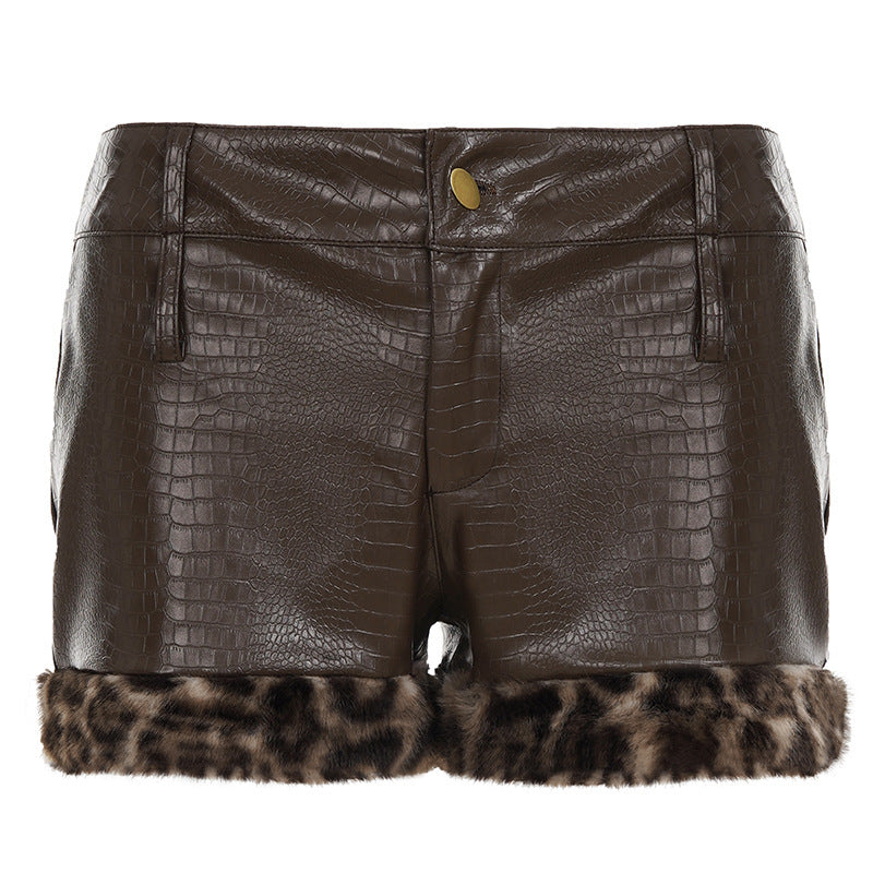 Damen Leder-Shorts mit Leopardenbesatz R&B