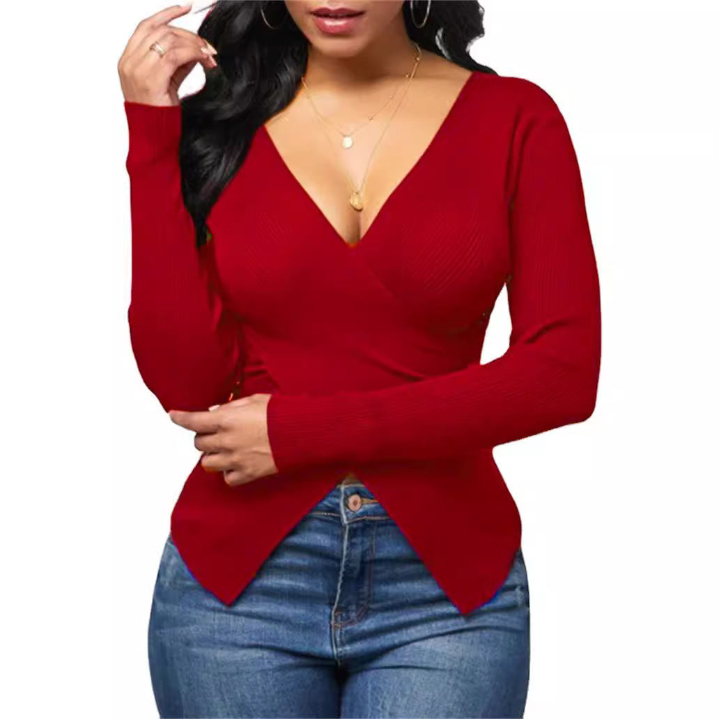 Damen Wickeloberteil mit tiefem V-Ausschnitt und feinem Rippdesign R&B