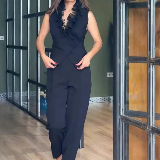 Damen nan ärmelloses Weste-Set mit Rüschen-Spitzenkragen und hochgeschnittener Faltenhose im Anzugstil R&B