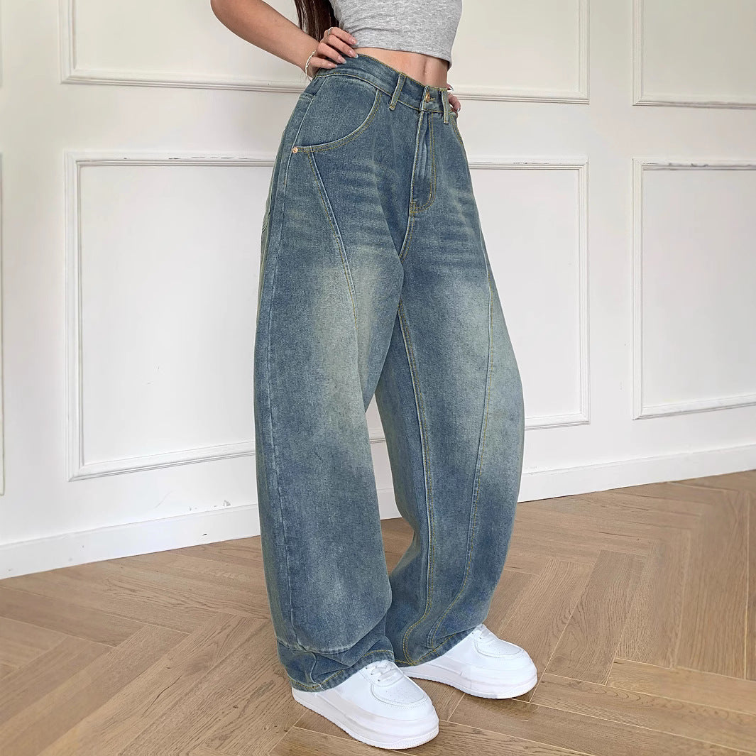 Damen Weite High-Waist Jeans mit markanten Steppnähten und weitem Schnitt R&B