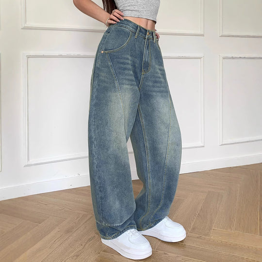 Damen Weite High-Waist Jeans mit markanten Steppnähten und weitem Schnitt R&B