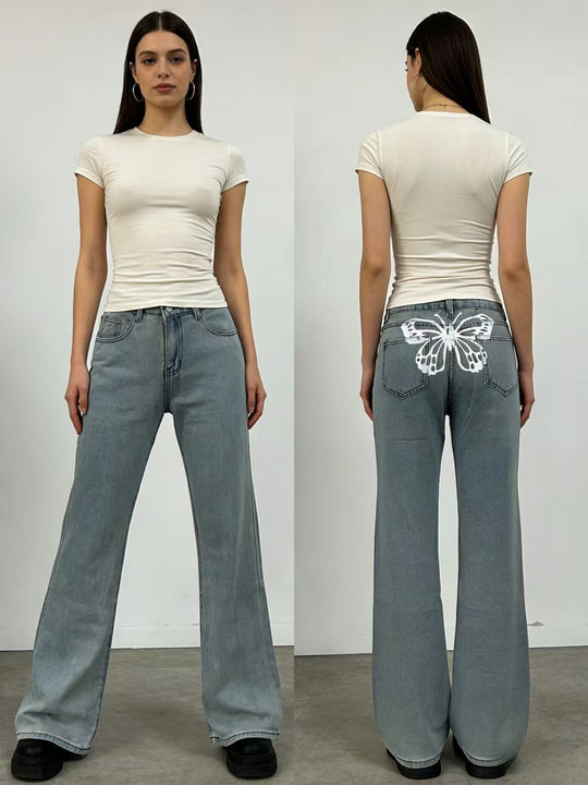 Damen Weite Jeans mit kunstvollem Schmetterlingsdesign R&B
