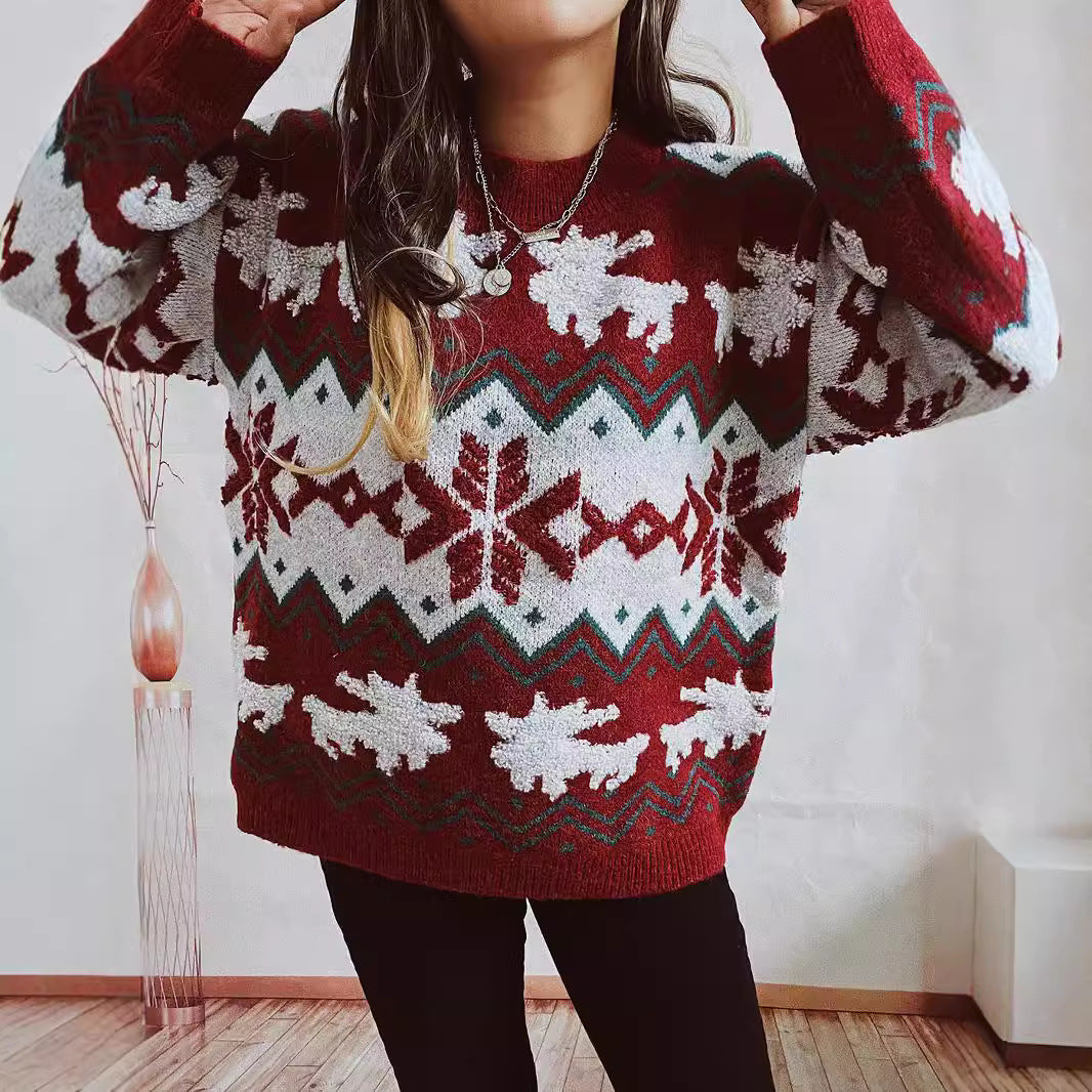 Damen festlicher Strickpullover mit weihnachtlichem Design und hohem Kragen R&B