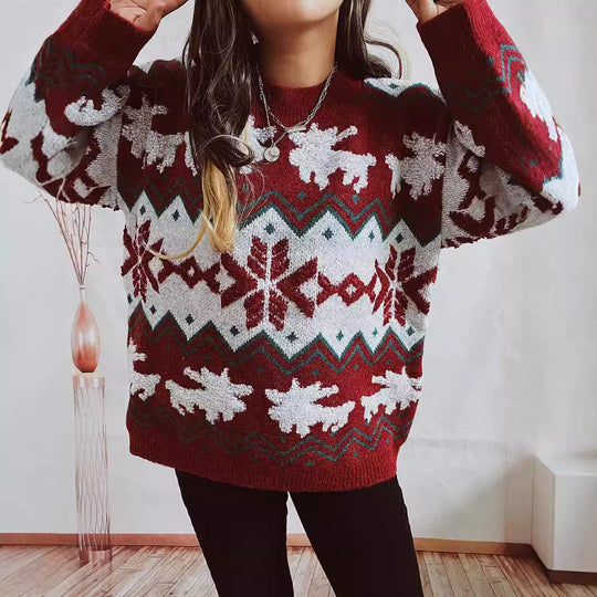 Damen festlicher Strickpullover mit weihnachtlichem Design und hohem Kragen R&B