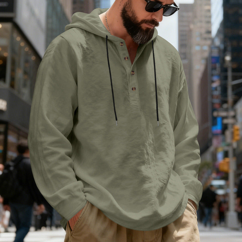 Herren nan leichter Kapuzenshirt mit Knopfleiste aus Leinenmischung und entspanntem Schnitt R&B