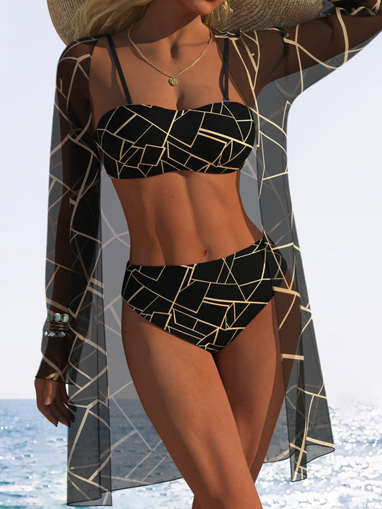 Damen Bikini-Set mit floralem Design und transparenter Strandjacke R&B