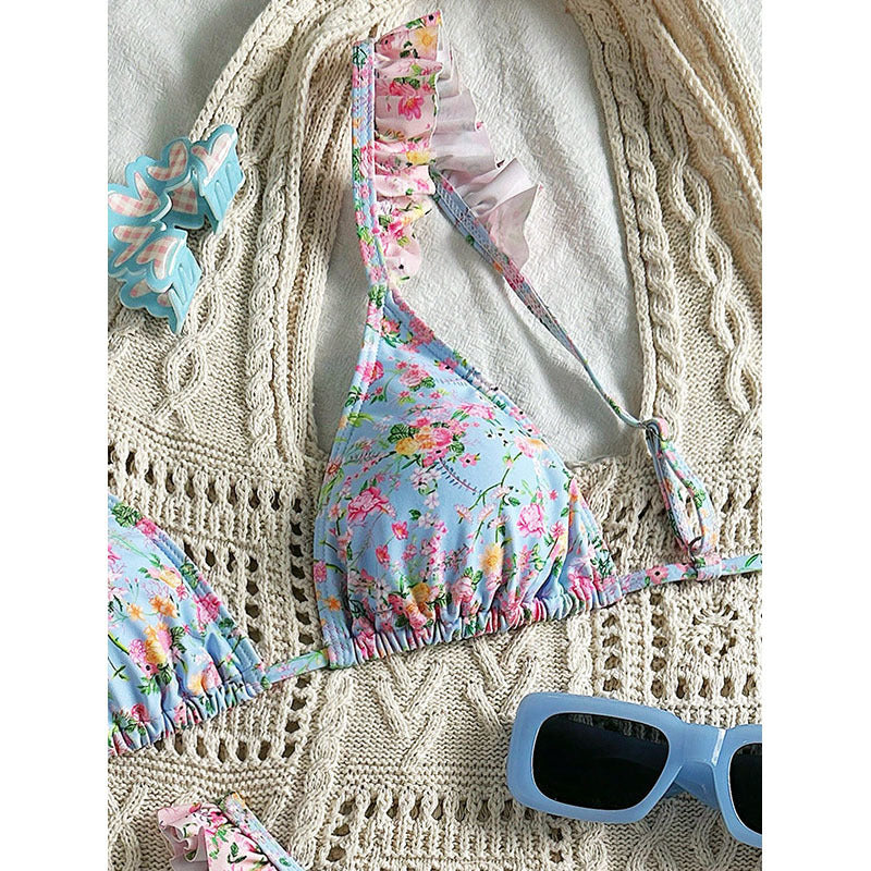 Damen Triangel-Bikini mit floralen Rüschendetails