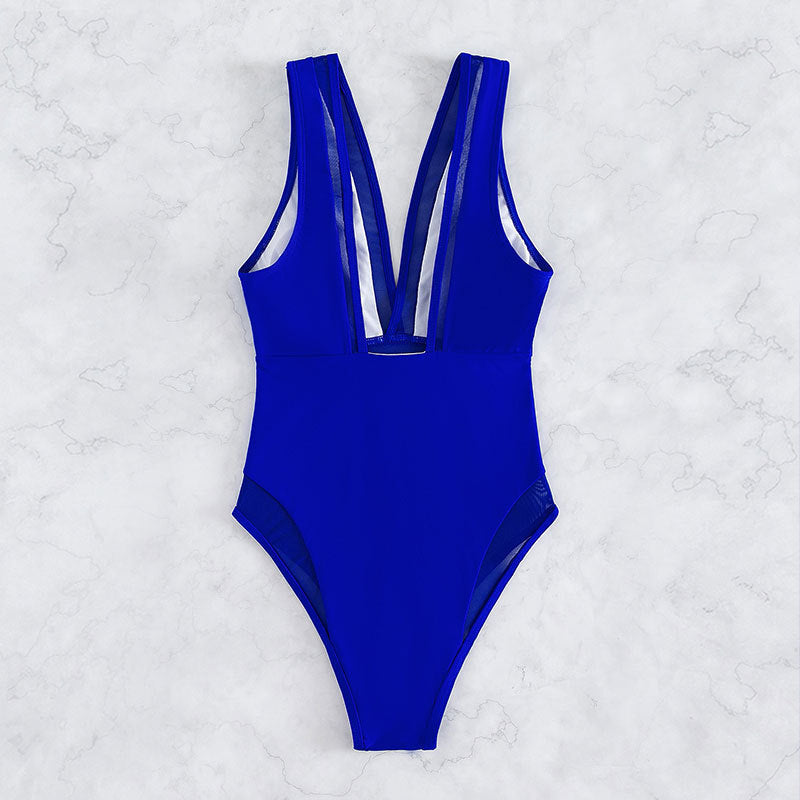 Damen Design-Einteiler Badeanzug mit tiefem V-Ausschnitt und sportlichem Schnitt R&B