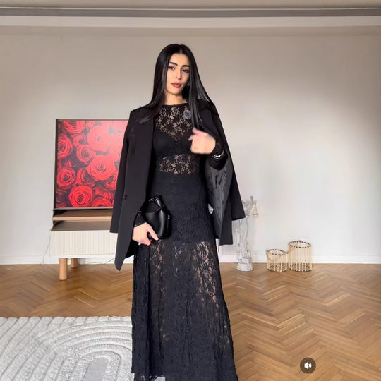 Damen Langarm Spitzenkleid R&B