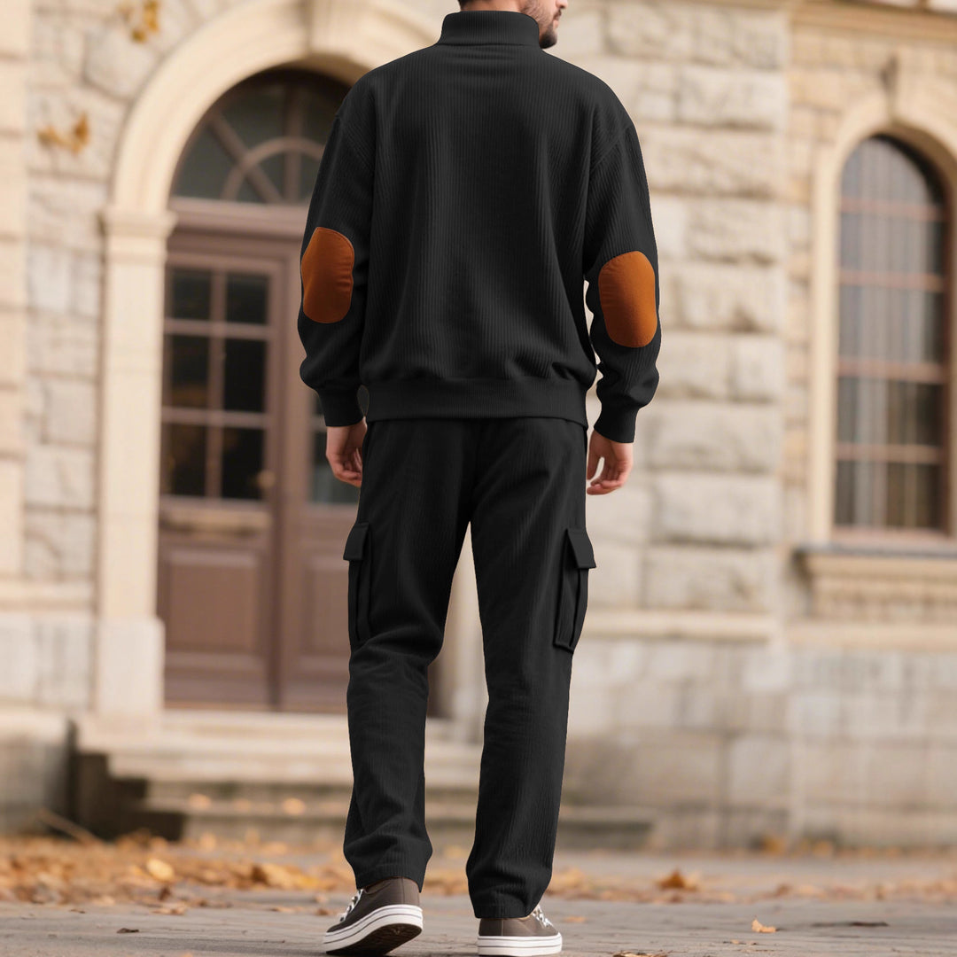 Herren nan strukturierter Troyer-Pullover mit Stehkragen Druckknopfleiste und Velours-Ellenbogenpatch R&B