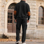 Herren nan strukturierter Troyer-Pullover mit Stehkragen Druckknopfleiste und Velours-Ellenbogenpatch R&B